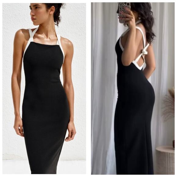 Zara Womens Black Sleeveless Halter Neck Midi Dress Small Preppy Old Money - Picture 2 of 15